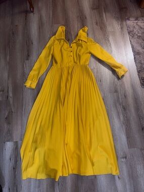 Yellow Long-Sleeve Pleated Maxi Dress with Buttoned Bodice